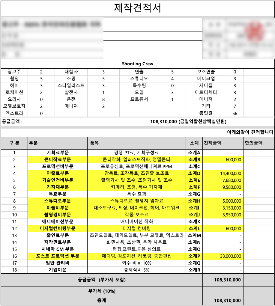 견적이 과하게 책정된 타사 견적서 (총액 1억 1천만원)