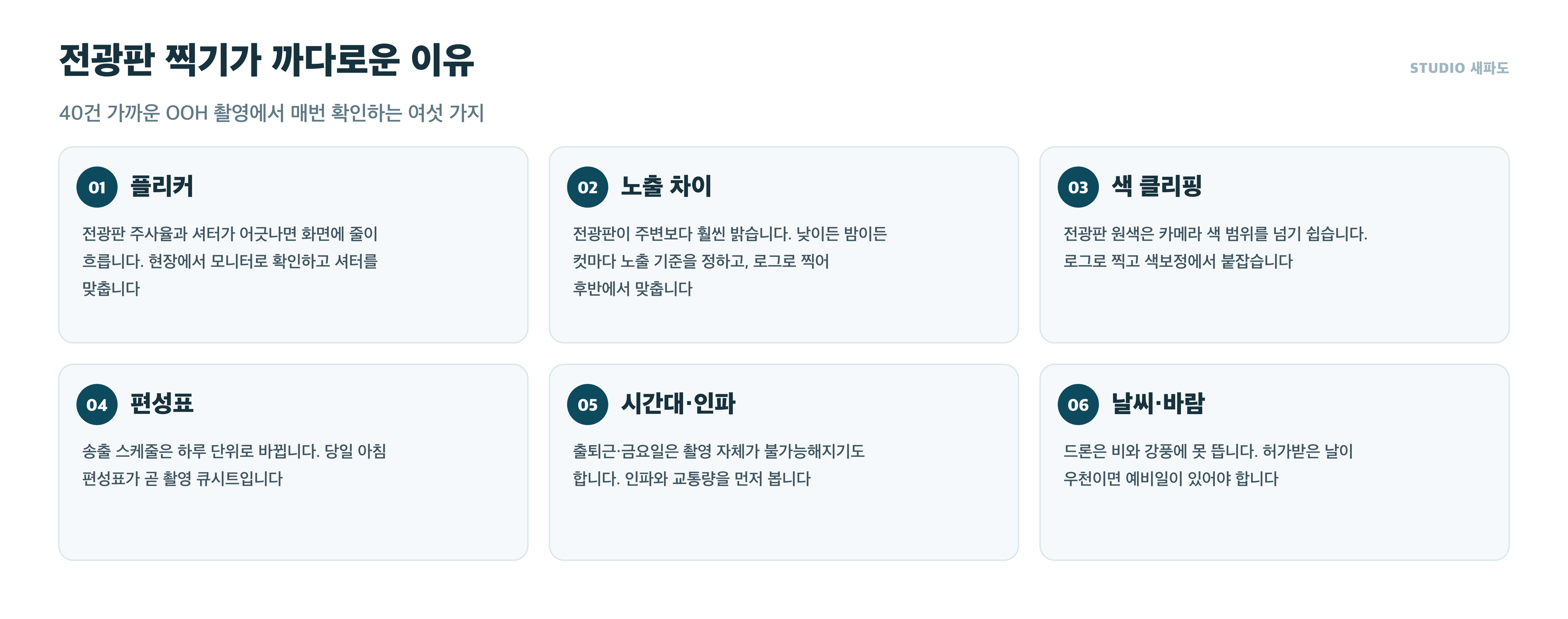 DOOH 전광판 촬영에서 확인하는 여섯 가지 - 플리커, 노출 차이, 색 클리핑, 편성표, 시간대·인파, 날씨·바람