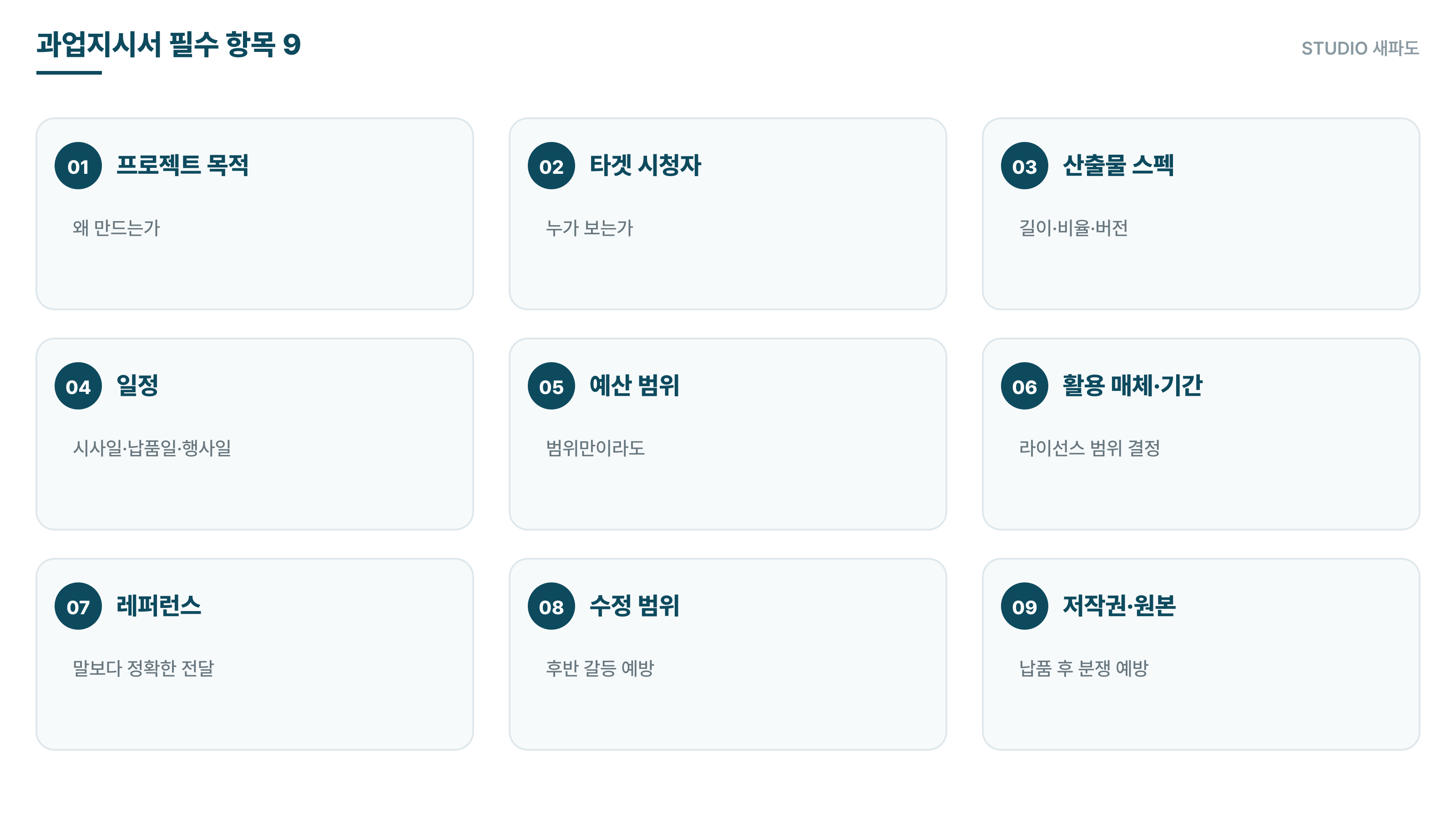 영상 제작 과업지시서 필수 항목 9가지 - 목적, 타겟, 산출물 스펙, 일정, 예산, 활용 매체, 레퍼런스, 수정 범위, 저작권